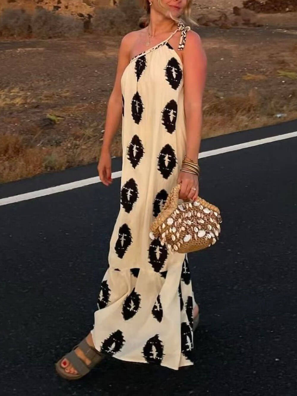LB | Sunshine Ethnic Print One Shoulder Loose Maxi Dress