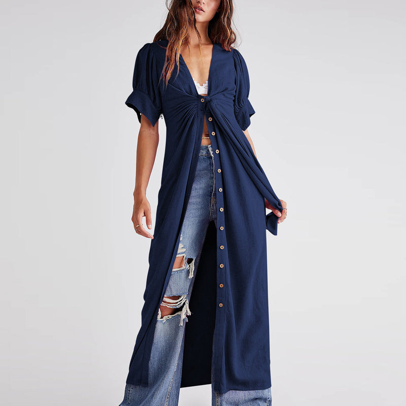 LB | Ladies Twist Front Puff Sleeve Solid Slit Maxi Dress
