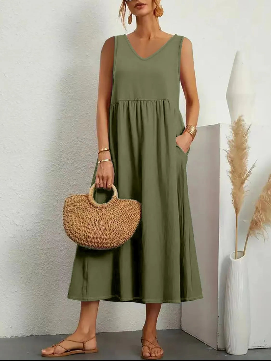 LB | Full Size Pocketed V-Neck Sleeveless Midi Dress Plus Size