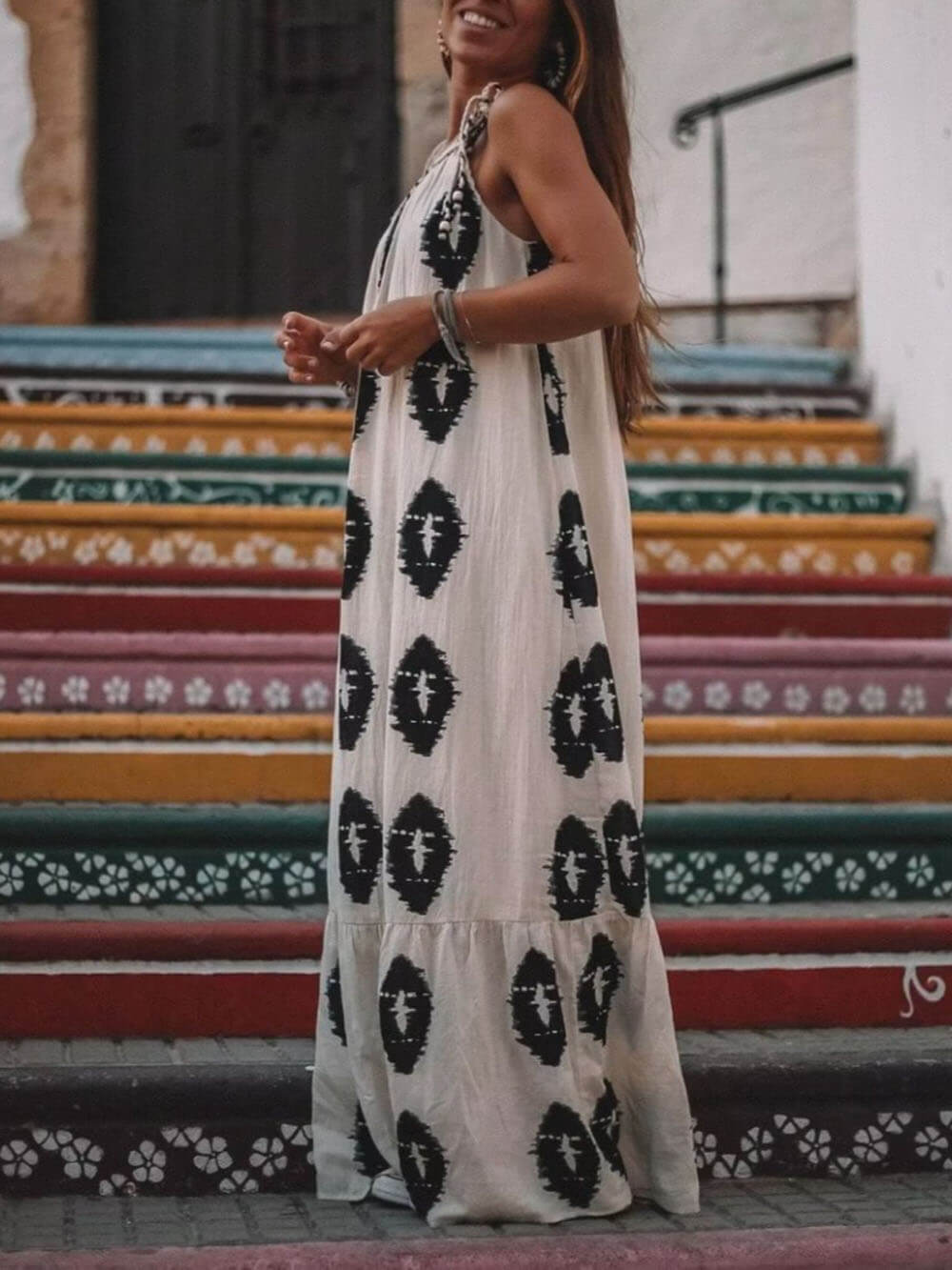 LB | Sunshine Ethnic Print One Shoulder Loose Maxi Dress