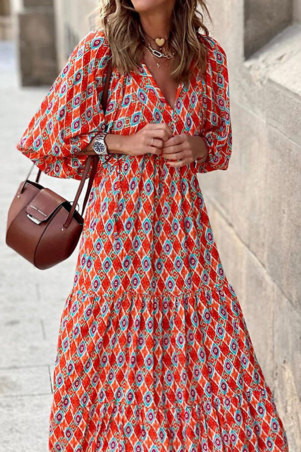 LB | Sukienka midi w stylu boho z krótkim rękawem