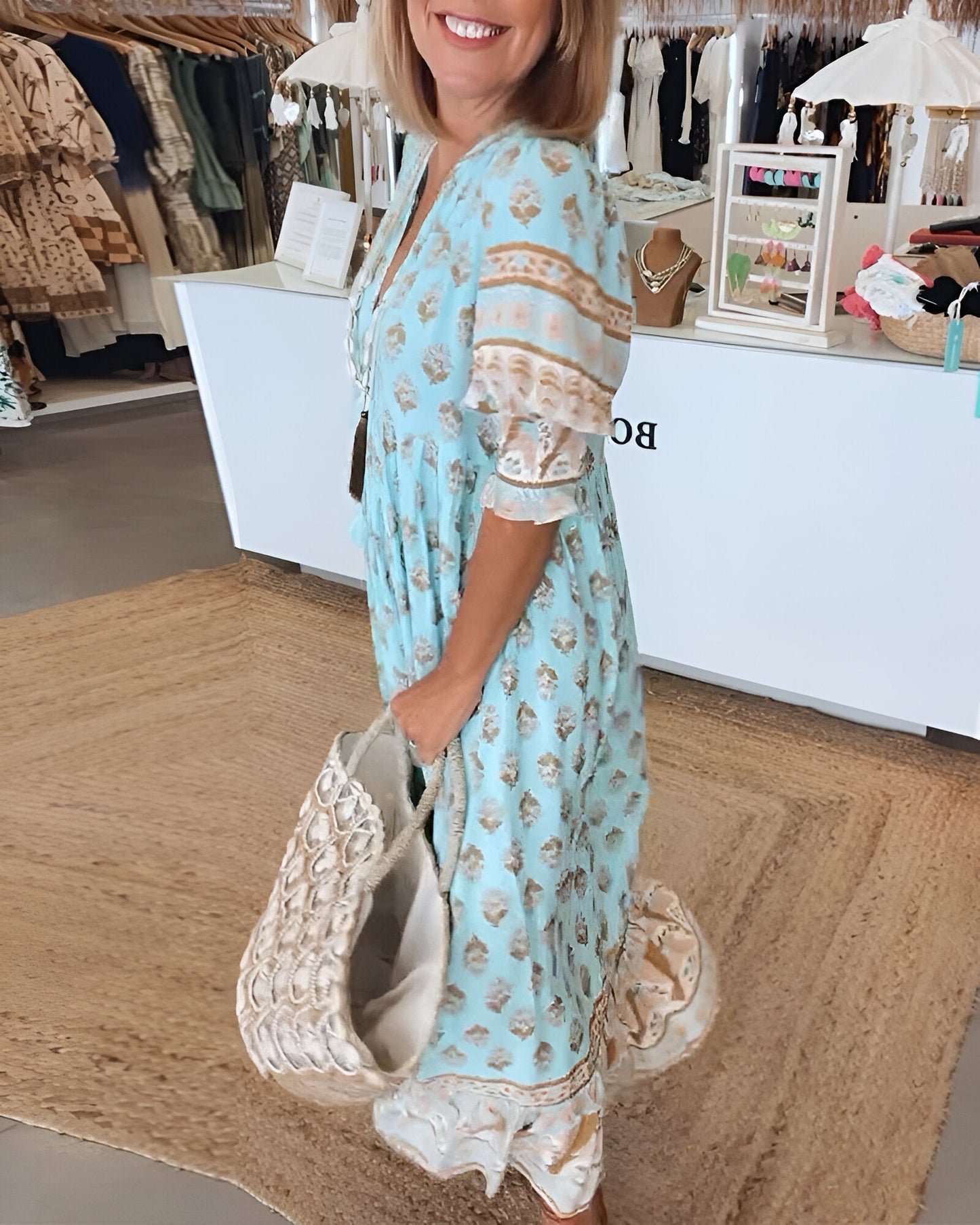 LB | Sukienka maxi w stylu boho - Dekolt w szpic - Luźny krój - Lekka i przewiewna