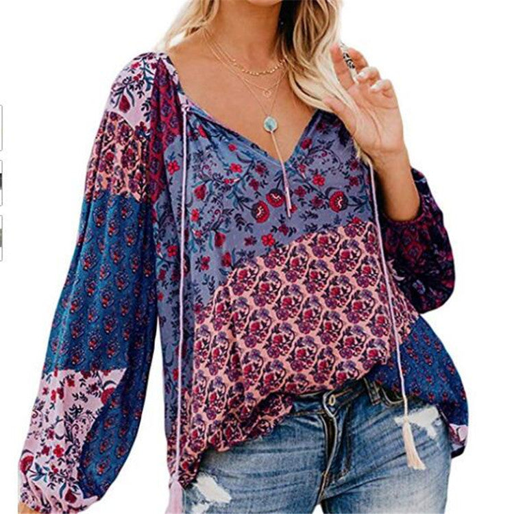 LB | Damska bluzka Boho Baggy Floral z długim rękawem