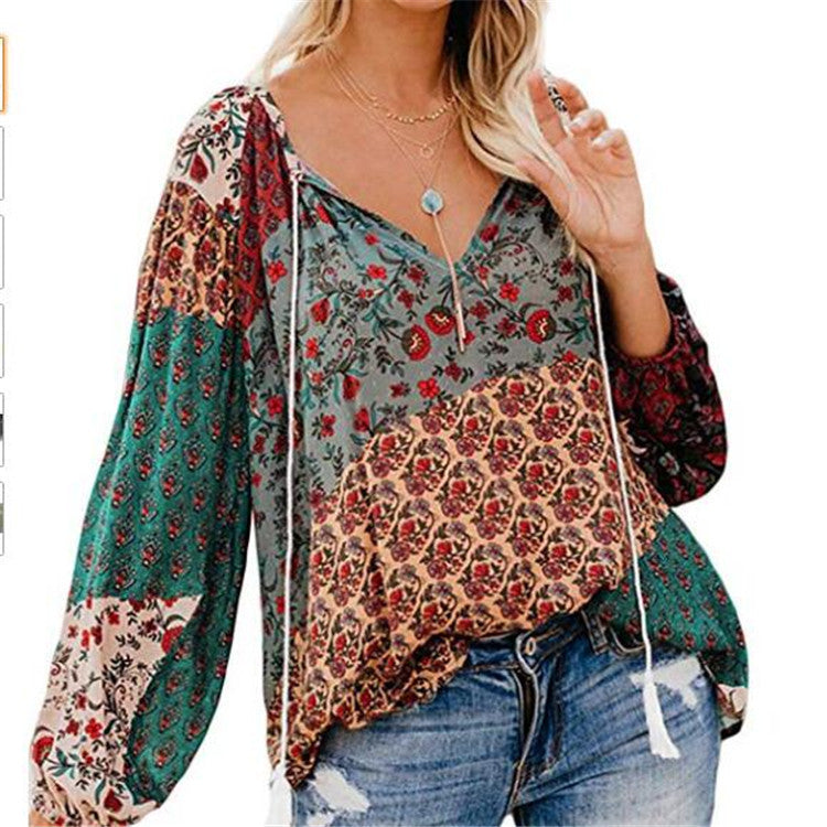 LB | Damska bluzka Boho Baggy Floral z długim rękawem