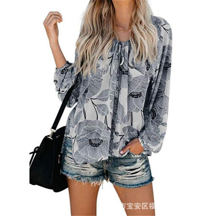 LB | Damska bluzka Boho Baggy Floral z długim rękawem