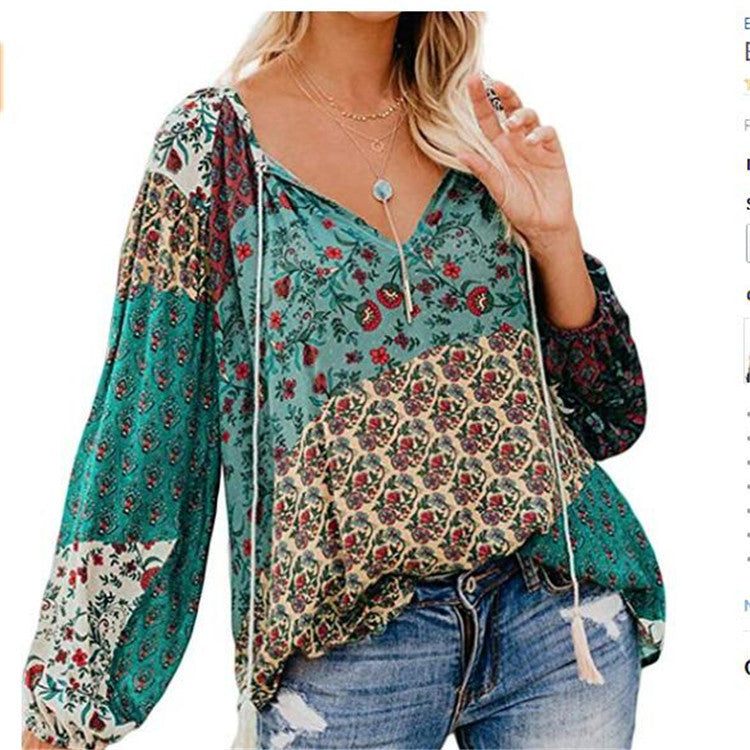 LB | Damska bluzka Boho Baggy Floral z długim rękawem