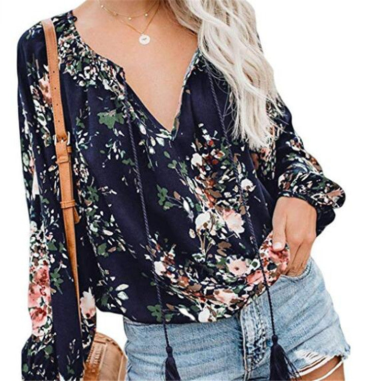 LB | Damska bluzka Boho Baggy Floral z długim rękawem