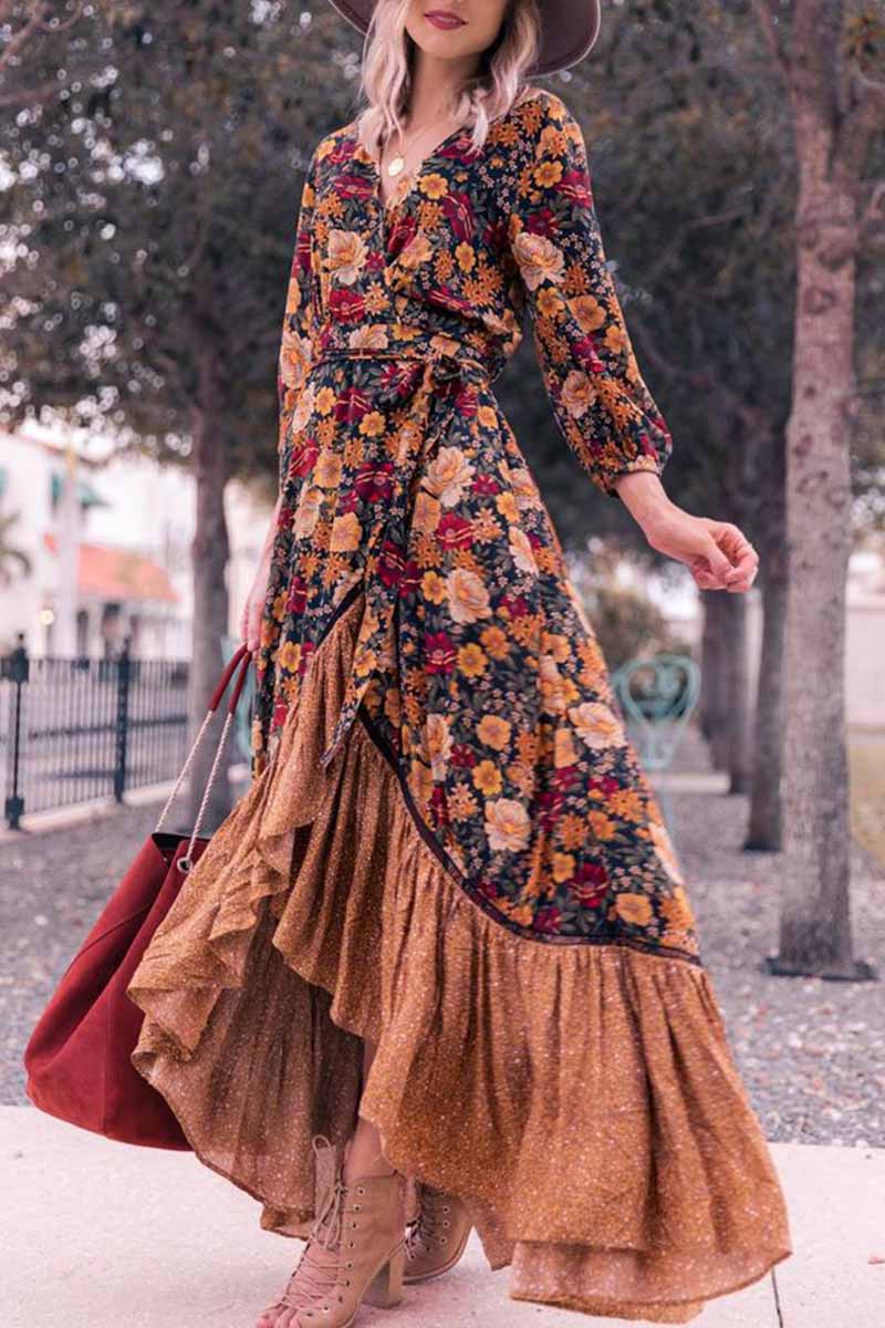 LB | Florcoo Sukienka maxi z długim rękawem i nadrukiem w stylu retro