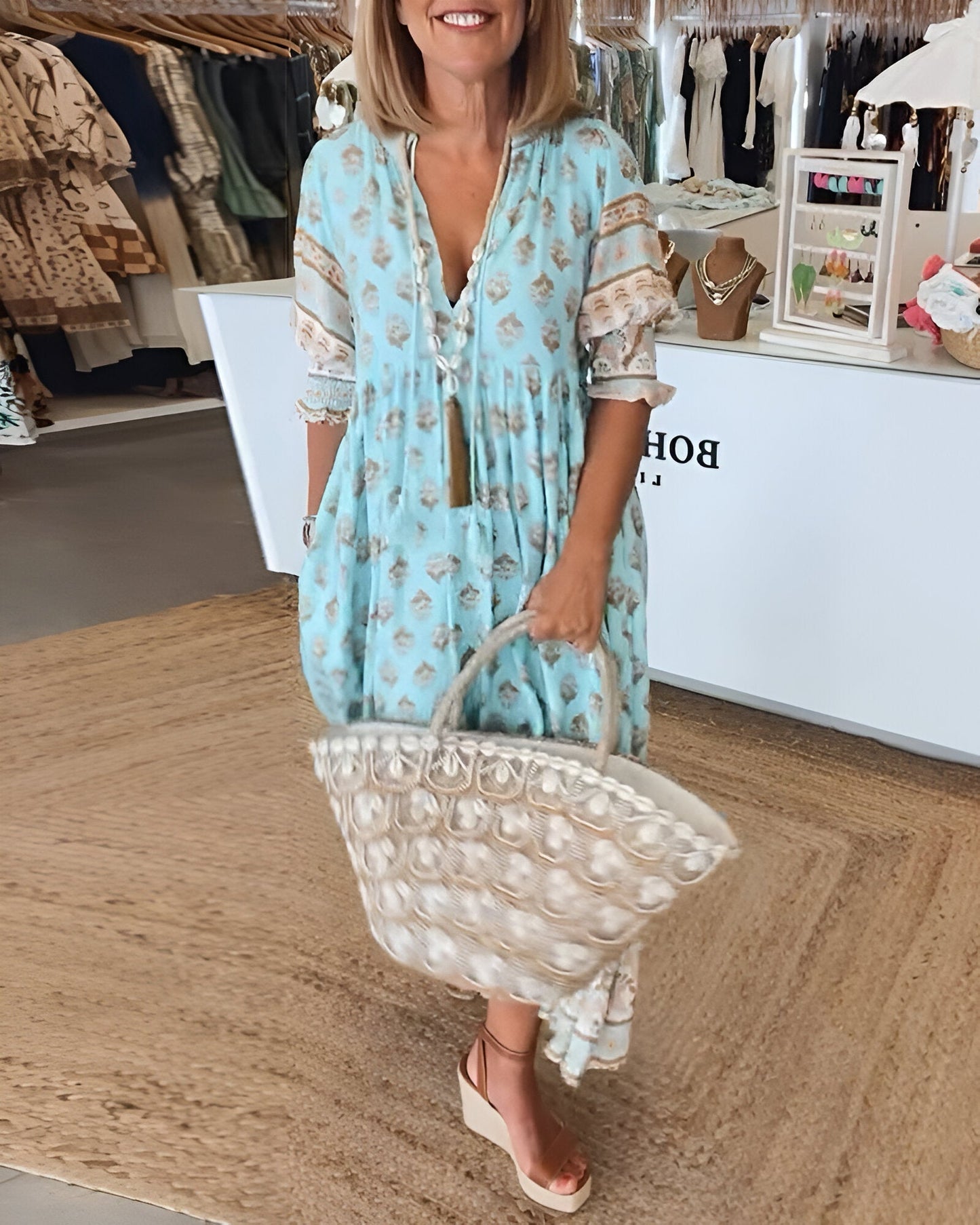 LB | Sukienka maxi w stylu boho - Dekolt w szpic - Luźny krój - Lekka i przewiewna
