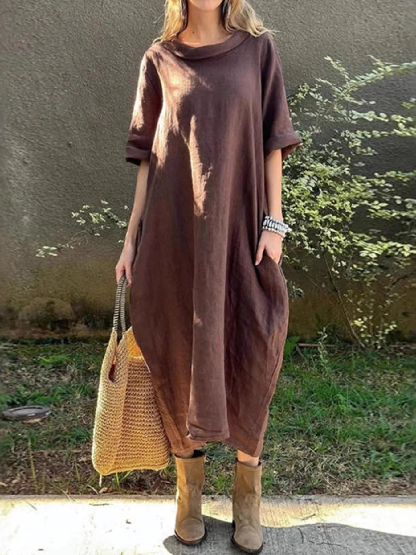 LB | Full Size Casual Loose Fit Round Neck Midi Dress Plus Size