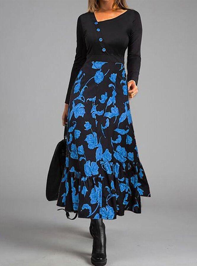 LB | Elegancka Patchwork Button Down Slim Waist Party Dress Retro Floral Print Long Sleeve Boho Dress Women Diagonal Collar Maxi Dress