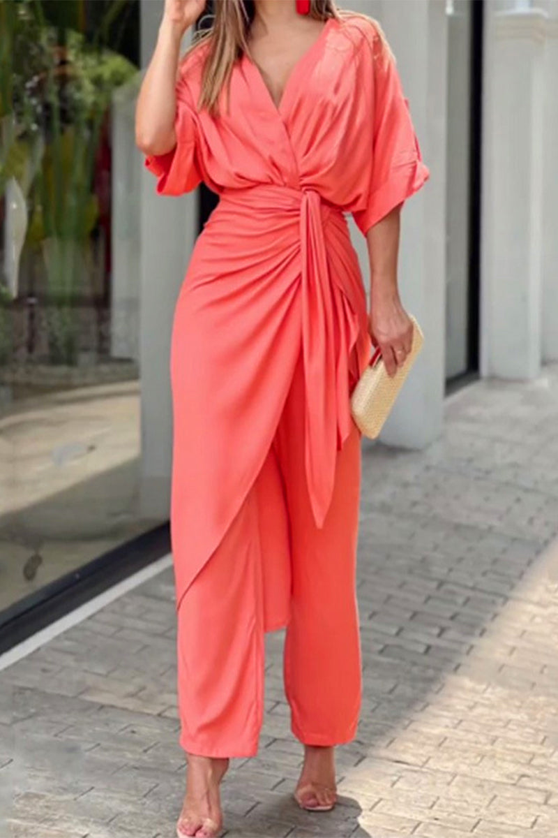 LB | Casual Solidne wędzidełko V Neck Regularne kombinezony (3 kolory)