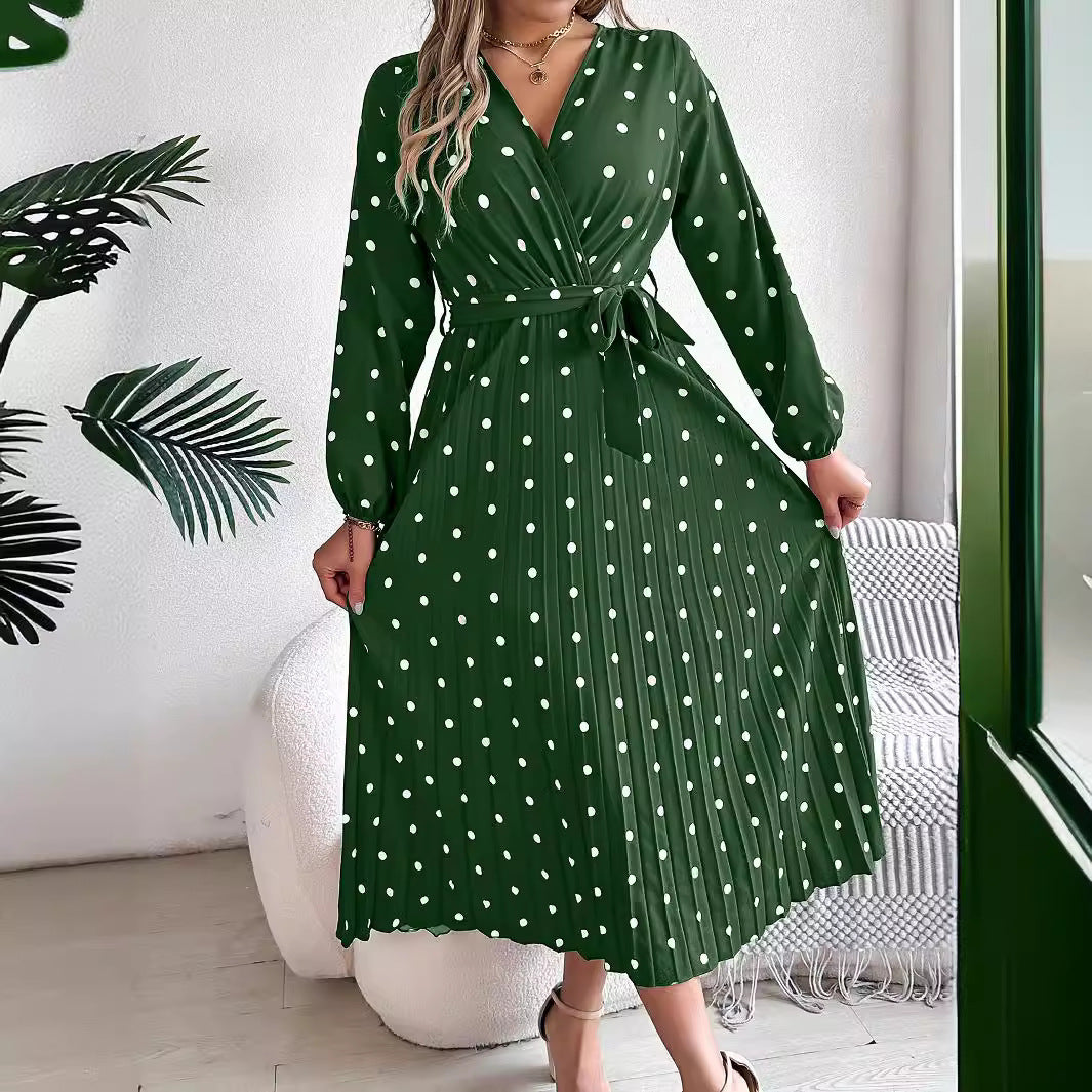 LB | Elegancka kontrastowa sukienka Maxi w kropki z plisowanym dekoltem w serek dla kobiet