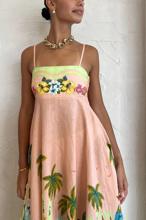 LB | Coconut Scenery Linen Blend Tropical Print Smocked Back Midi Dress