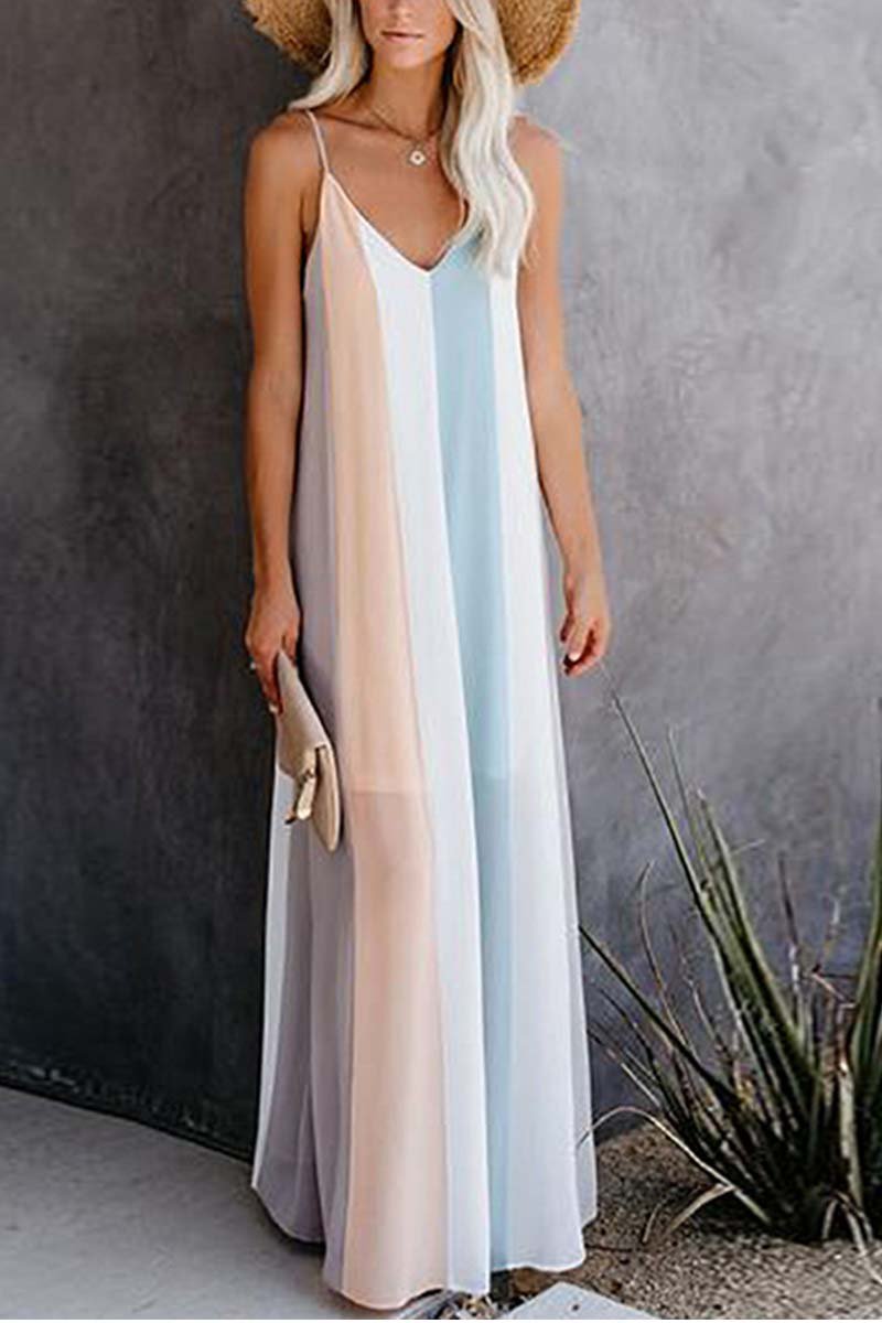 LB | Florcoo Sukienka maxi w paski z dekoltem w szpic