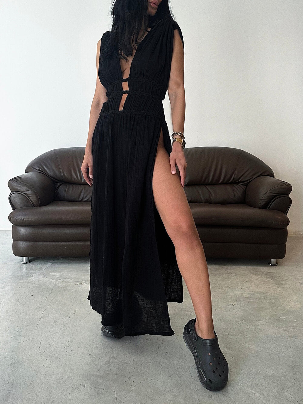LB | Boho Braids Belt Neckline Slit Kaftan Maxi Dress