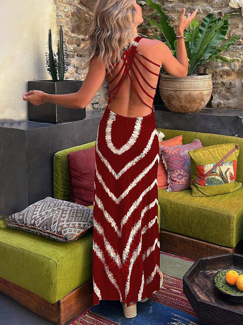 LB | Wave Print Tie Back Stretch Maxi Dress