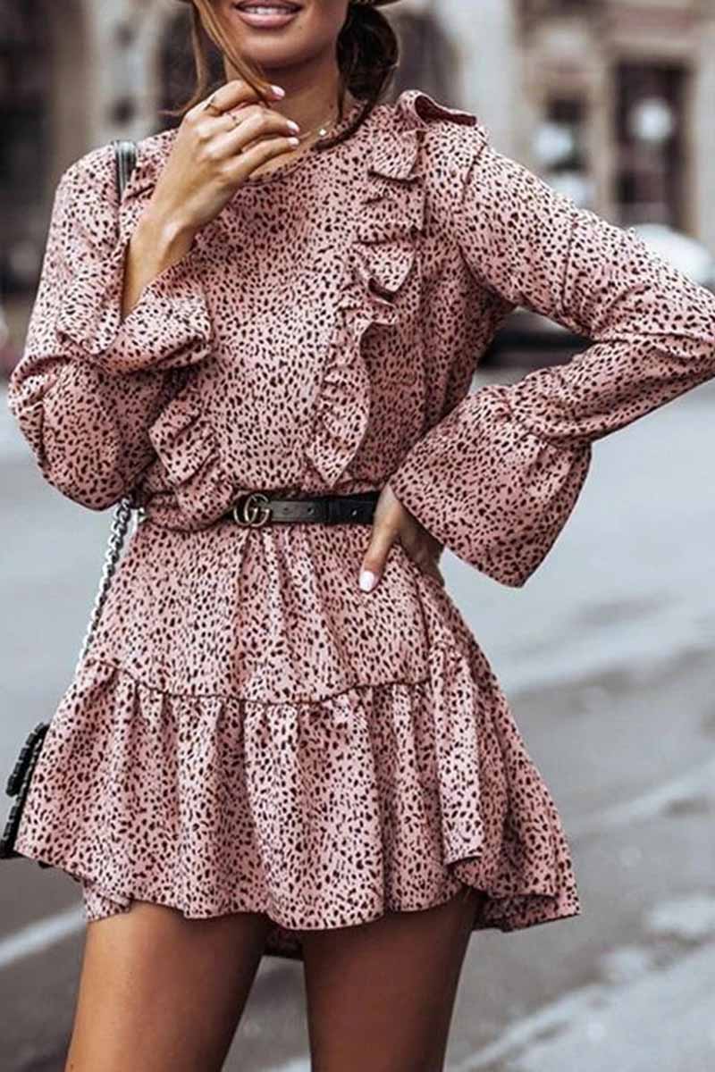LB | Omyke Ruffle Print Sukienka mini z długim rękawem