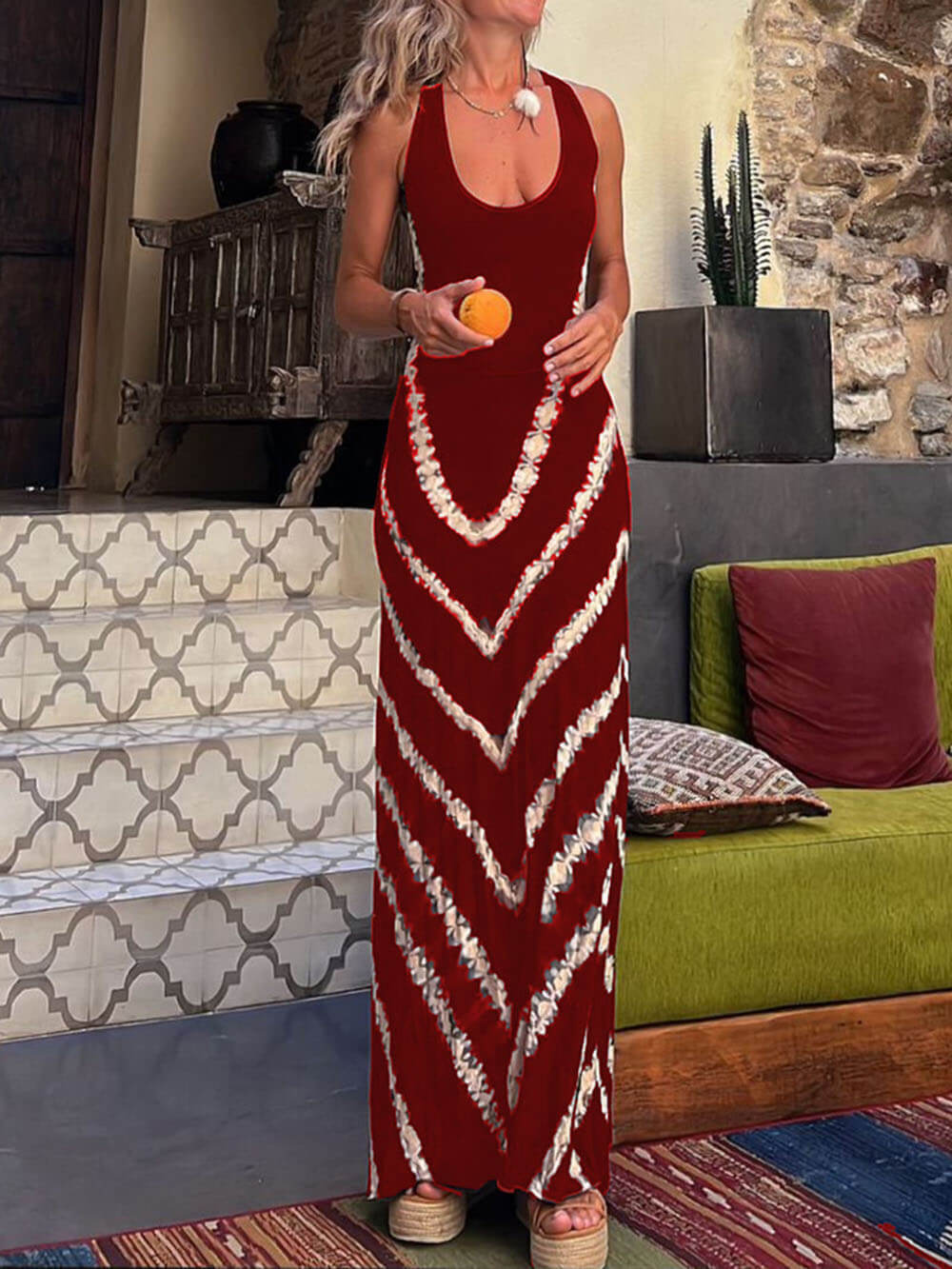 LB | Wave Print Tie Back Stretch Maxi Dress