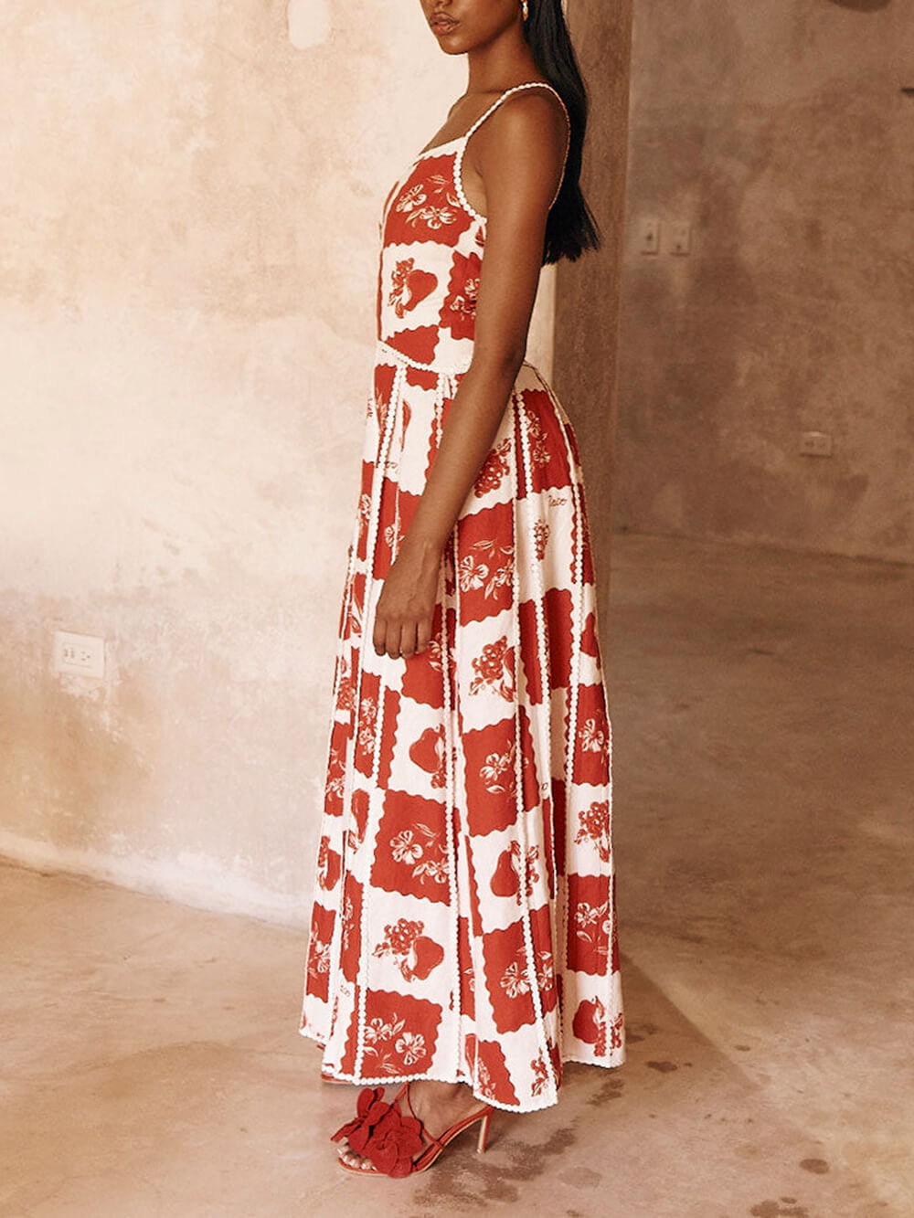 LB | Floral Trim Unikalna rozkloszowana sukienka maxi z nadrukiem na jednym ramieniu