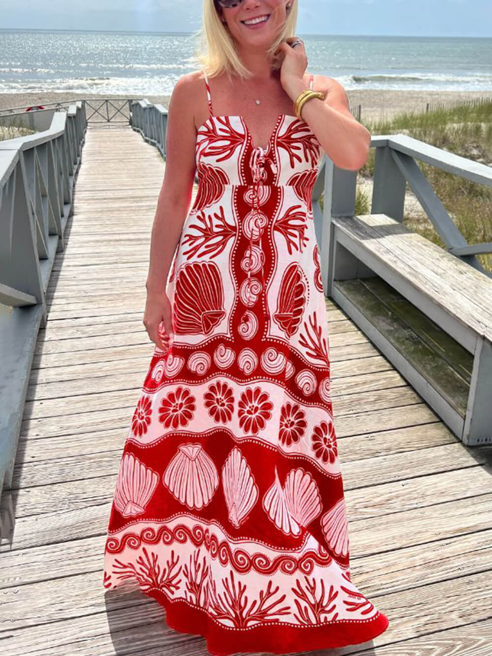 LB | Shell Unique Print Front Lace-Up Loose Maxi Dress