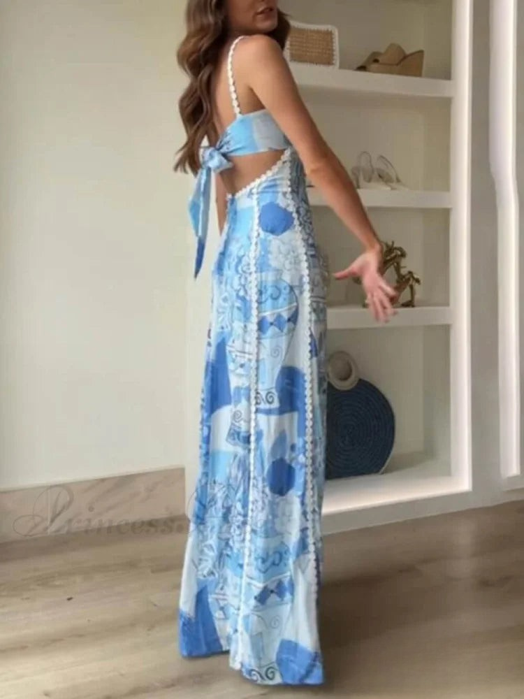 LB | Modna sukienka maxi z rozkloszowanym krojem i ozdobną wiązaną wstążką