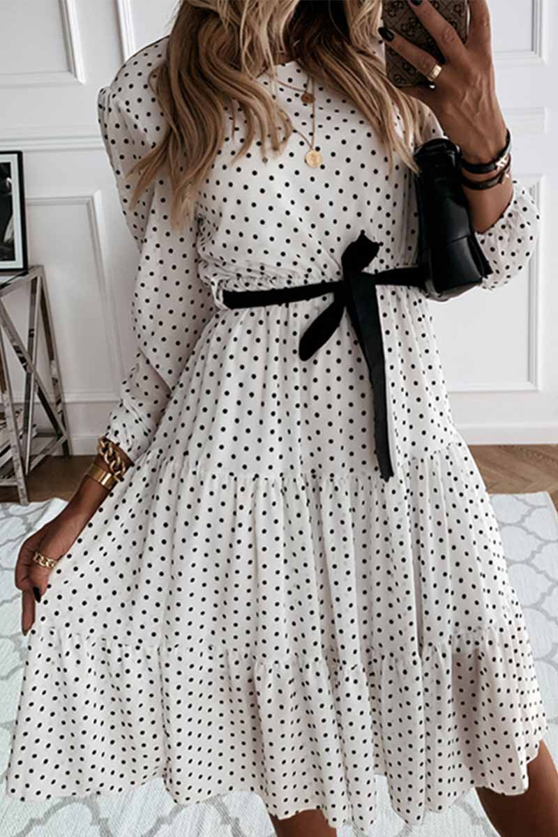 LB | Omyke Elegancka sukienka midi z okrągłym dekoltem w biało czarne kropki