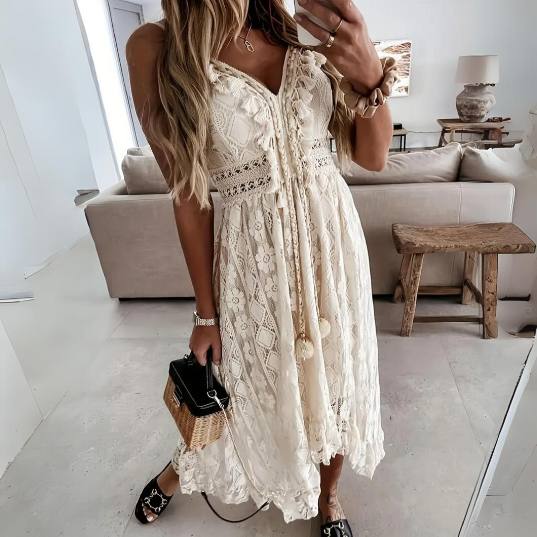 LB | Damska sukienka midi - Luźny krój - Koronkowe detale - Dekolt w szpic - Styl boho - Oddychający materiał