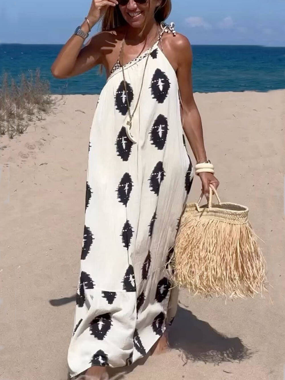 LB | Sunshine Ethnic Print One Shoulder Loose Maxi Dress