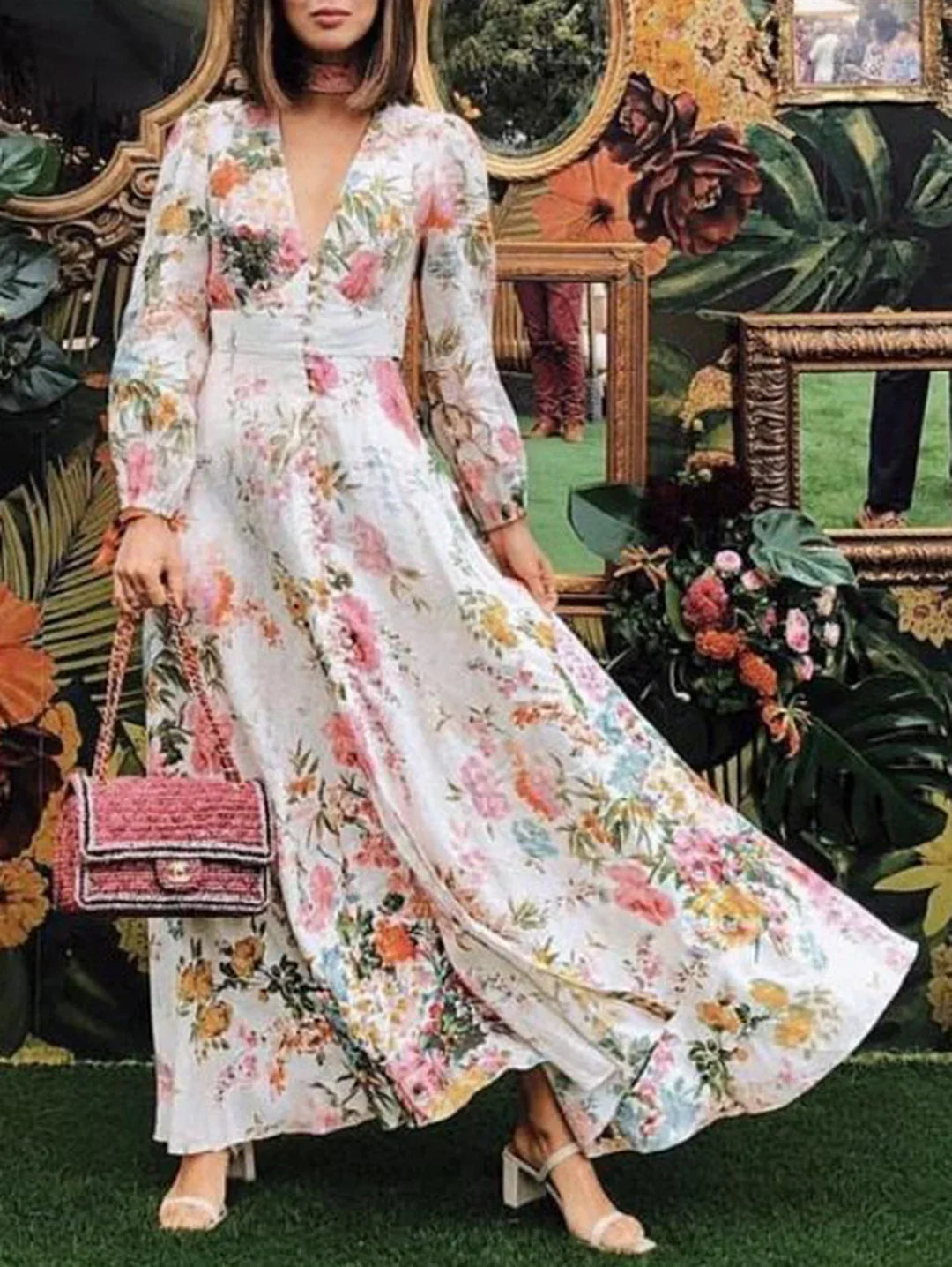 LB | Casual V-Neck Floral Button Maxi Dress Lantern Sleeves