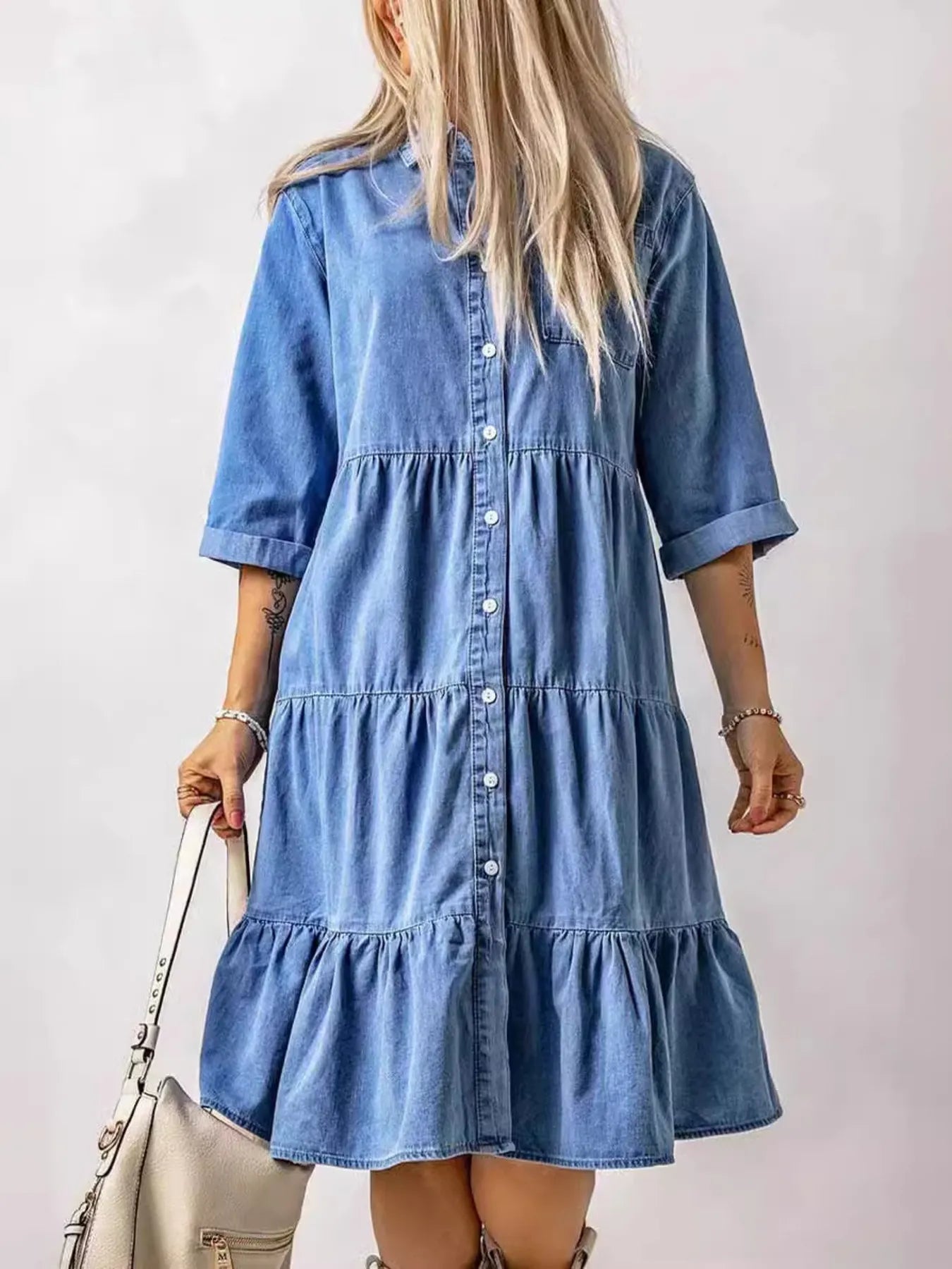 LB | Full Size Ruffled Hem Button Up Denim Midi Dress Plus Size