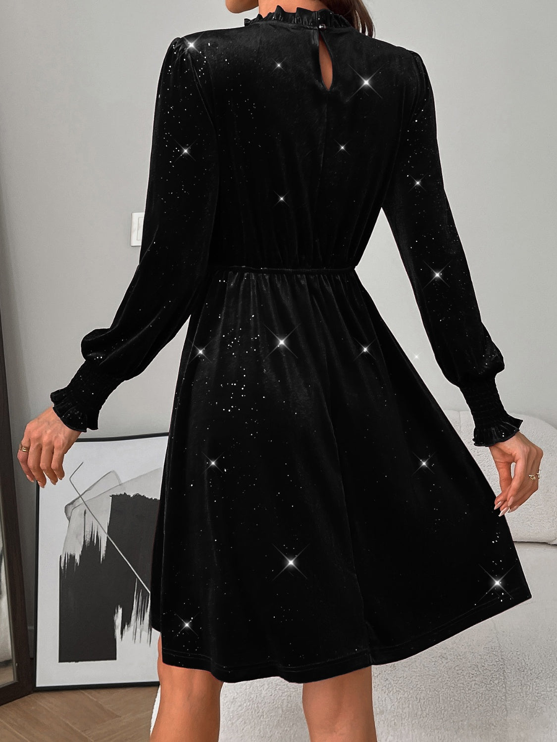 LB | Glitter Mock Neck Sukienka mini z długim rękawem