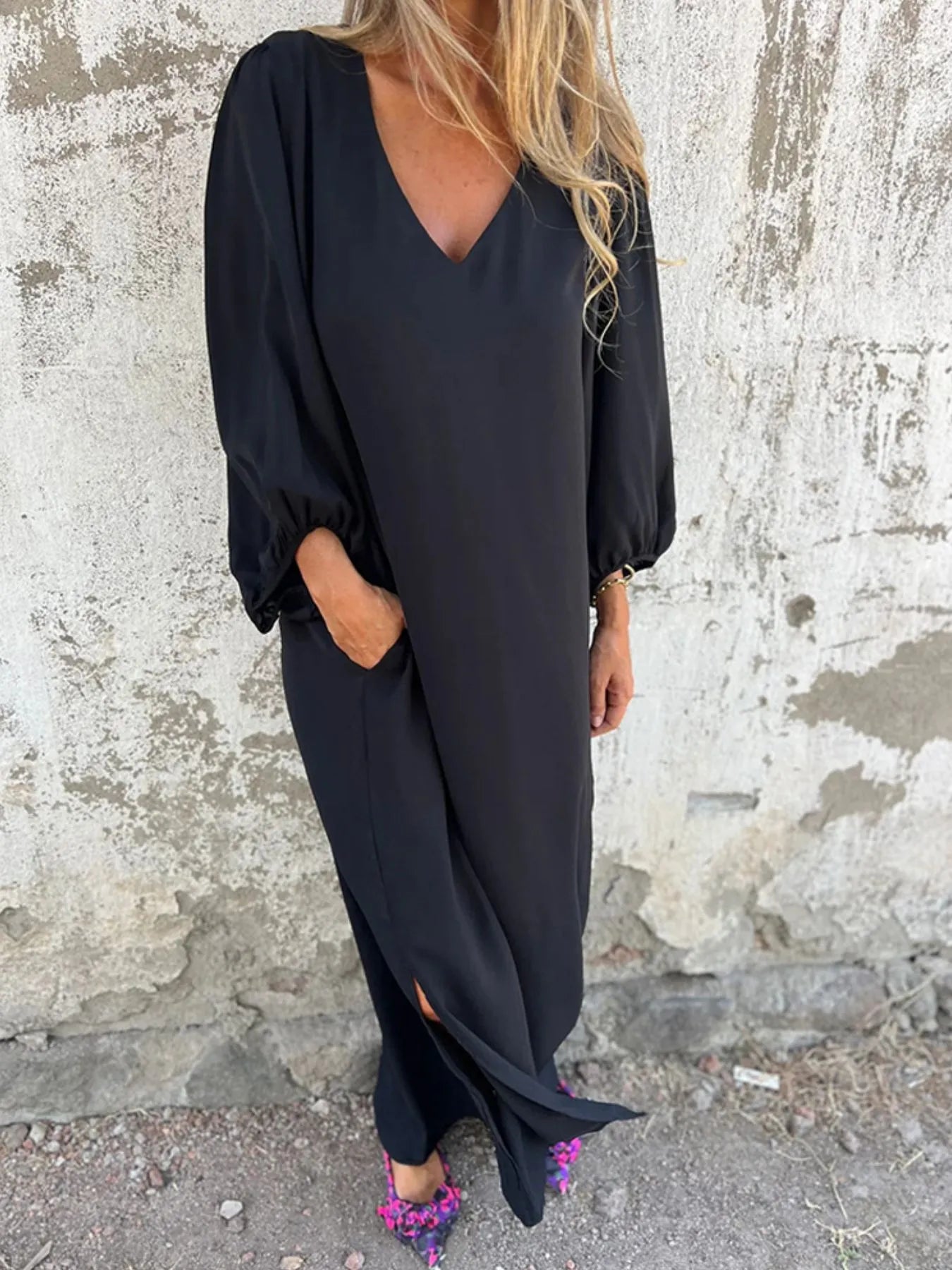 LB | Full Size Sukienka midi z rozcięciem pod szyją i balonowym rękawem Plus Size
