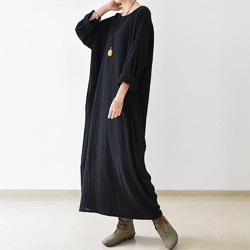 LB | 2021 Jesień Nowa Czarna Lniana Sukienka Plus Size Casual Maxi Dress