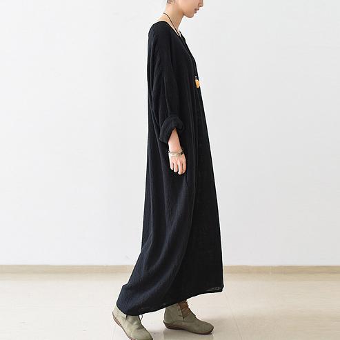 LB | 2021 Jesień Nowa Czarna Lniana Sukienka Plus Size Casual Maxi Dress