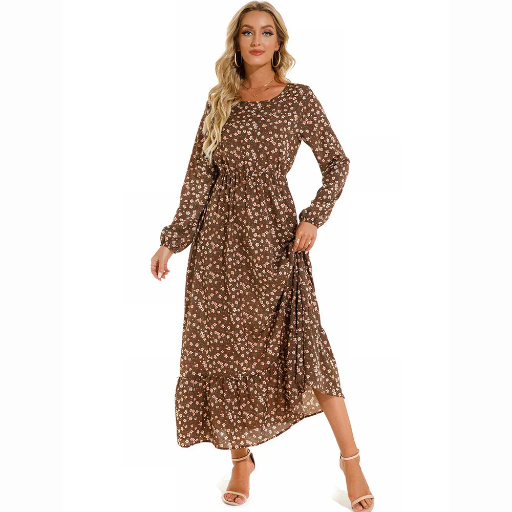 LB | Bohemian Women Maxi Casual Long Sleeve High Waist Chiffon Midi Dresses
