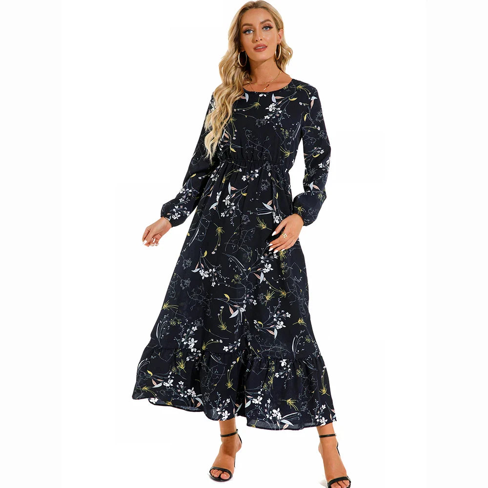 LB | Bohemian Women Maxi Casual Long Sleeve High Waist Chiffon Midi Dresses