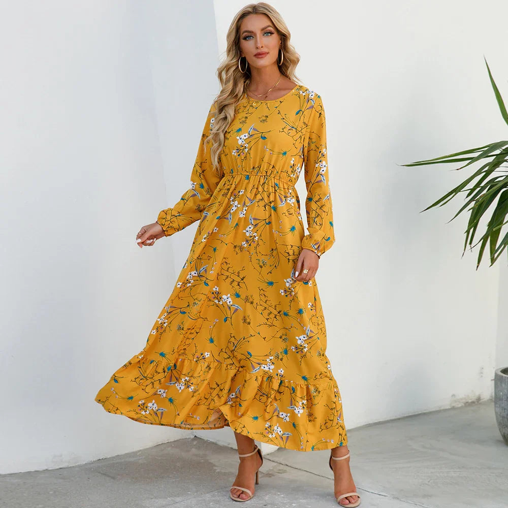 LB | Bohemian Women Maxi Casual Long Sleeve High Waist Chiffon Midi Dresses