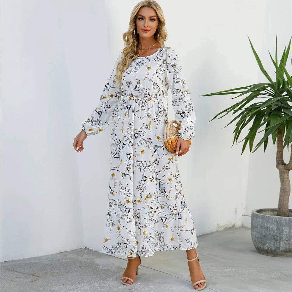 LB | Bohemian Women Maxi Casual Long Sleeve High Waist Chiffon Midi Dresses