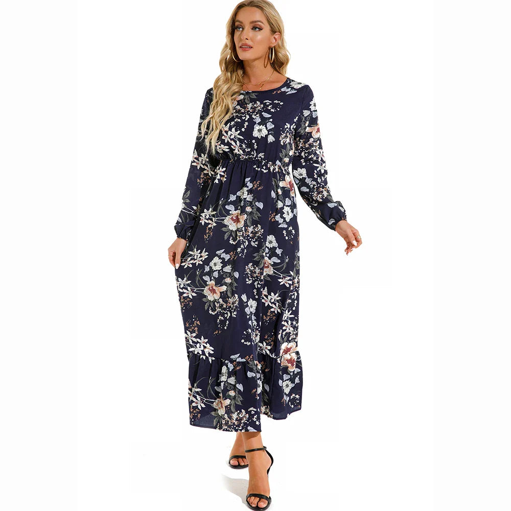 LB | Bohemian Women Maxi Casual Long Sleeve High Waist Chiffon Midi Dresses
