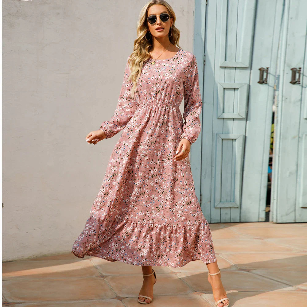 LB | Bohemian Women Maxi Casual Long Sleeve High Waist Chiffon Midi Dresses