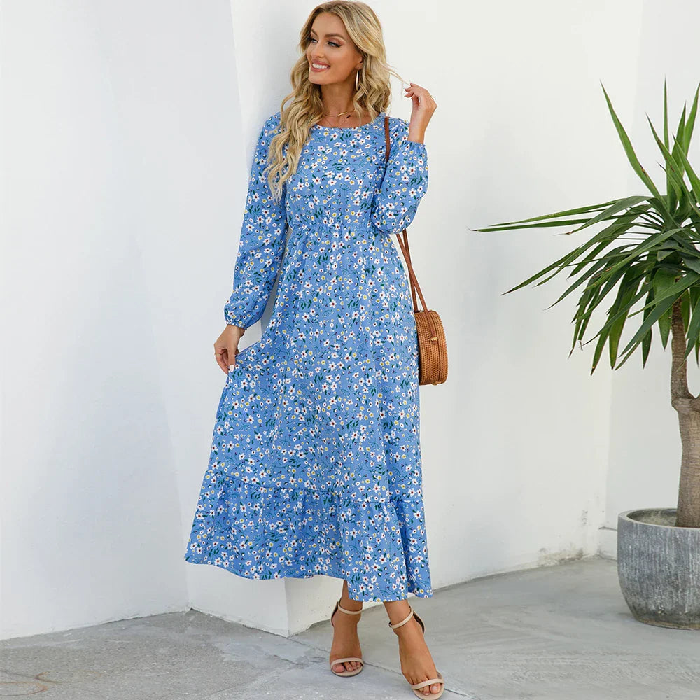 LB | Bohemian Women Maxi Casual Long Sleeve High Waist Chiffon Midi Dresses