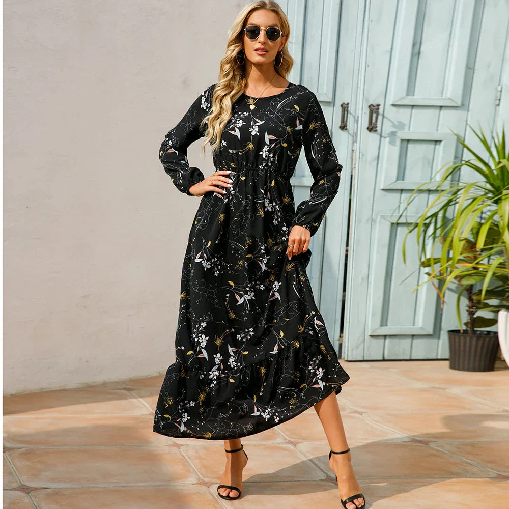LB | Bohemian Women Maxi Casual Long Sleeve High Waist Chiffon Midi Dresses