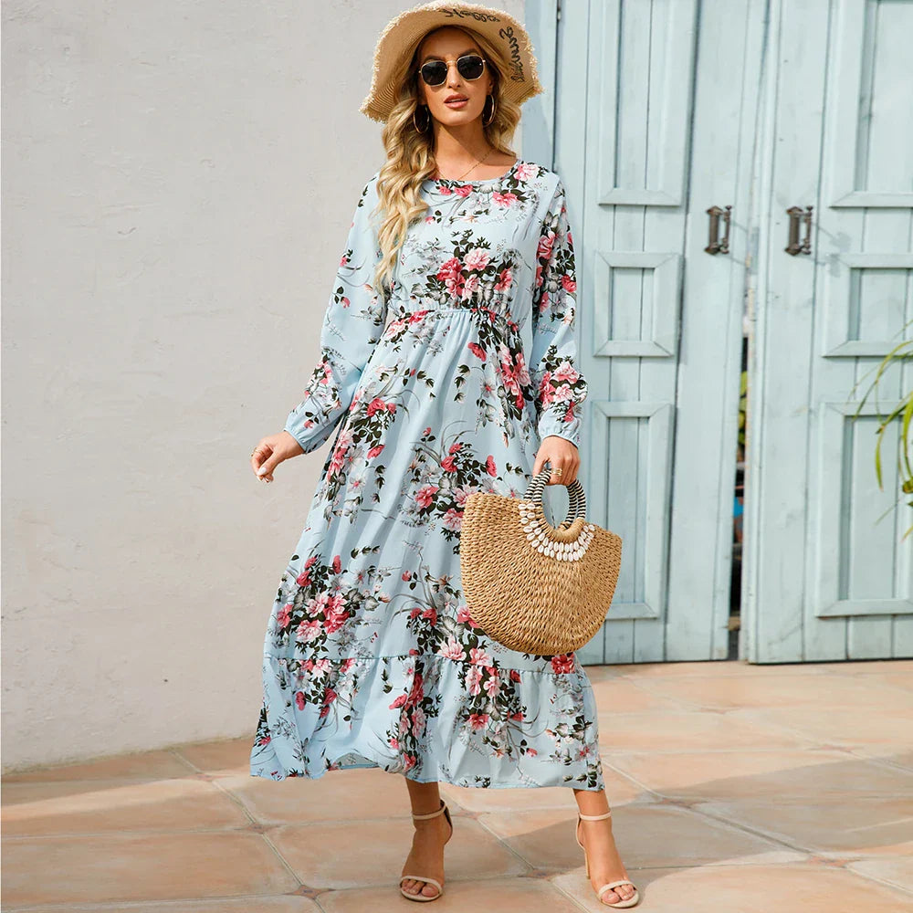 LB | Bohemian Women Maxi Casual Long Sleeve High Waist Chiffon Midi Dresses