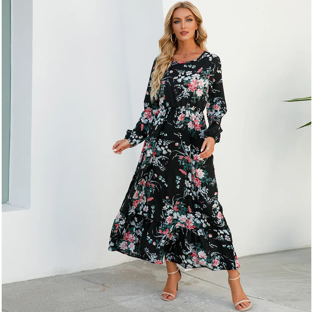 LB | Bohemian Women Maxi Casual Long Sleeve High Waist Chiffon Midi Dresses