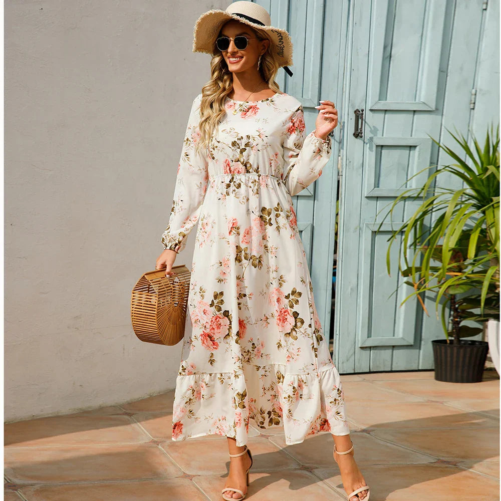 LB | Bohemian Women Maxi Casual Long Sleeve High Waist Chiffon Midi Dresses