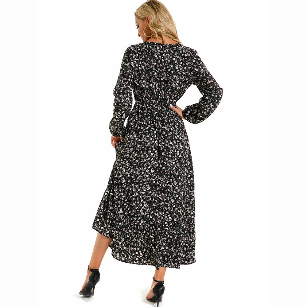 LB | Bohemian Women Maxi Casual Long Sleeve High Waist Chiffon Midi Dresses