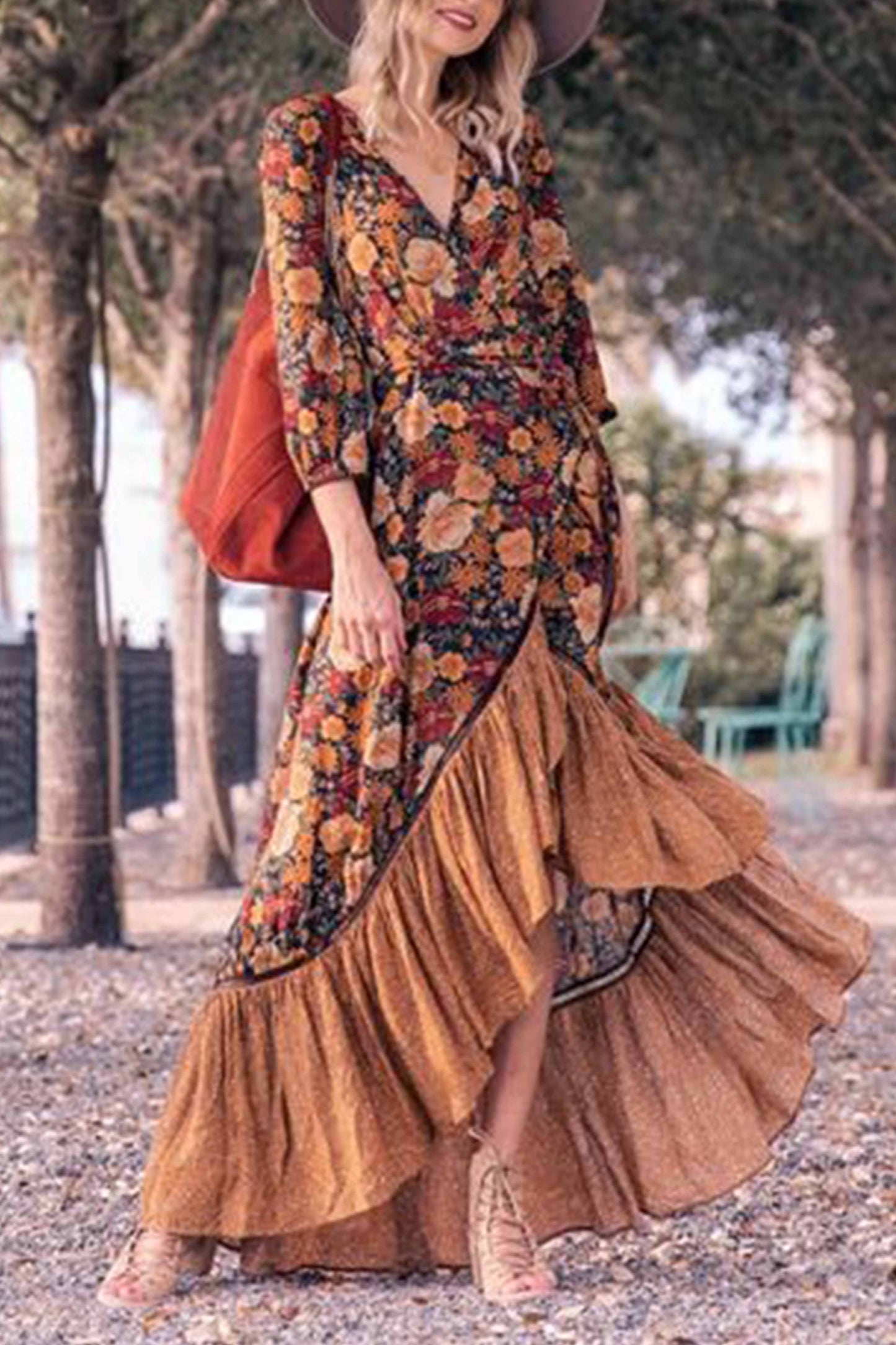 LB | Florcoo Sukienka maxi z długim rękawem i nadrukiem w stylu retro