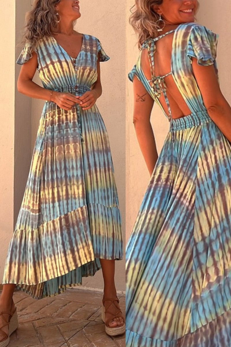 LB | Lorina Tie-dye Print Button Smocked Waist Backless Midi Dress