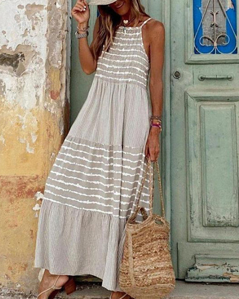 LB | Casualowe luźne długie sukienki plażowe Vintage Patchwork Maxi Dress w paski
